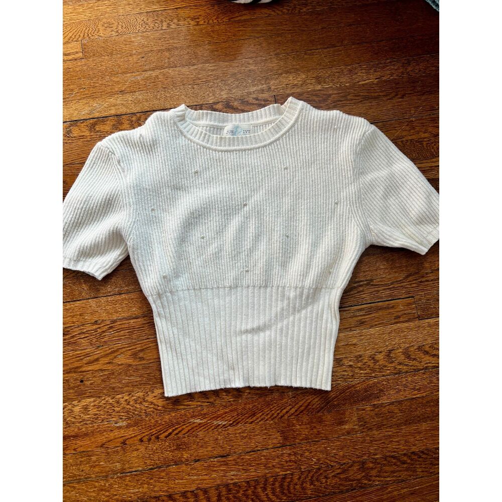Jun & Ivy White Pearl Accent Short Sleeve Cinched Waist Pullover Sweater Sz L